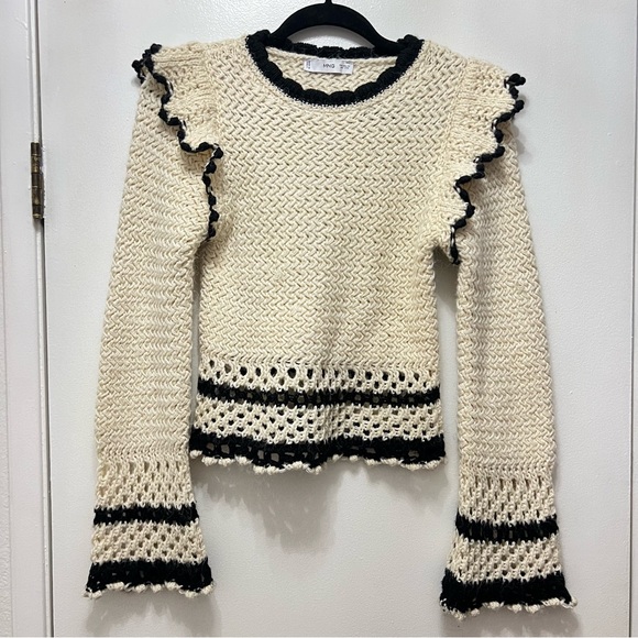 Mango Ruffle Flare Sleeve Sweater Open Knit Cream Black XS Crewneck Pullover - Picture 3 of 11